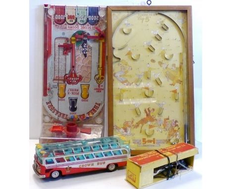Marx and North Western Products Pinball Games,  wooden and plastic, 1960's Alps tinplate Greek Crown Bus, lithoprinted and ba