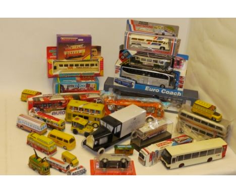 Modern Model Buses and Coaches, Collection of tin and plastic examples including  boxed friction powered Greyhound coach,  So