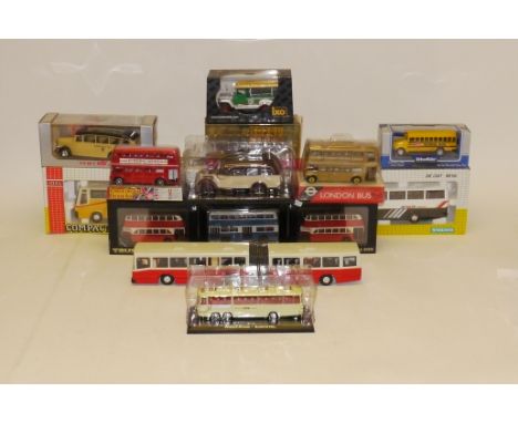 boxed Buses and Coaches, Two boxes of vintage and modern vehicles including examples by Trux, Joal, Lledo, Vitesse, Siku, Bri