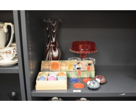 A collection of Retro glass and China ware, including lustre pastel egg cups, millefiori paperweights and three glasses with 