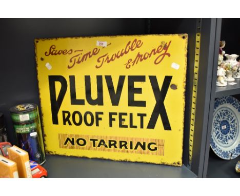 A 20th century Pluvex Roof Felt enamel advertising sign, having black font on a yellow ground, h46cm