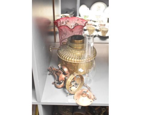 A early 20th century brass oil lamp, h 20cm, sold together with glass chimney, shade and ceiling light, (6)