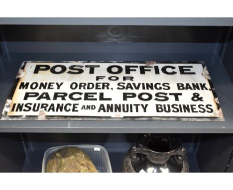 A Vintage enamelled metal Post Office sign, of oblong form, reading Post Office for Money Order, Savings Bank, Parcel Post &a