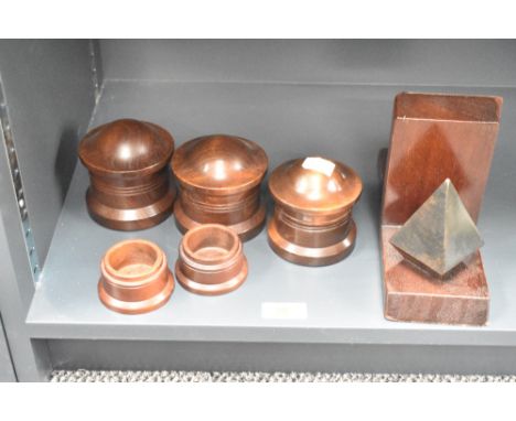 A set of 3 turned wood lidded trinket boxes, largest 9cm, sold together with a pair of bookends and two small bowls, ( 7 )