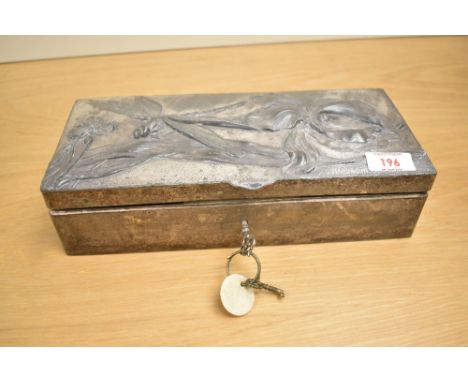 An Art Nouveau style rectangular pewter rectangular glove box, decorated with repousse dragon fly within foliage, dated 15th 