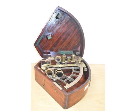 A 19th century brass nautical sextant in original mahogany box, w29cm