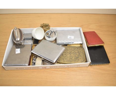 A box containing various vintage cigarette cases and lighters, to include an egg lighter, h8cm ect, (20)