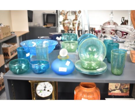 A Murano Franco Moretti style blue frosted perfume bottle h12cm, sold together with various other studio glass ( 19 ).