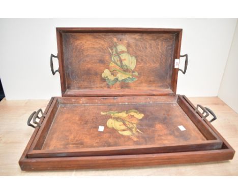 A set of 3 graduating vintage serving trays, decorated with galleon ship scene, (3)