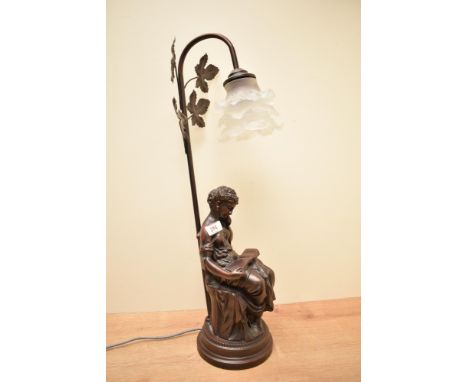 A reproduction cast bronze effect resin figural table lamp, the arched branch with foliate detail and moulded flower head for