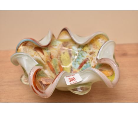A Murano style art glass bowl, of pentagonal form with folded edge detail, opaque cased body with polychrome decoration and a