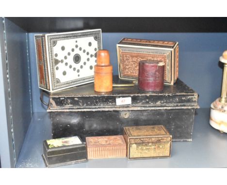 A early 20th century black metal deed box, L35cm, sold together with a 19th century treen bottle holder, trinket boxes ect, (