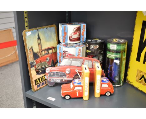 A pair of Mini Cooper Rally bookend money bank, h13.5cm, sold together a Mini Cooper radio control high drive,  Mini Cooper m