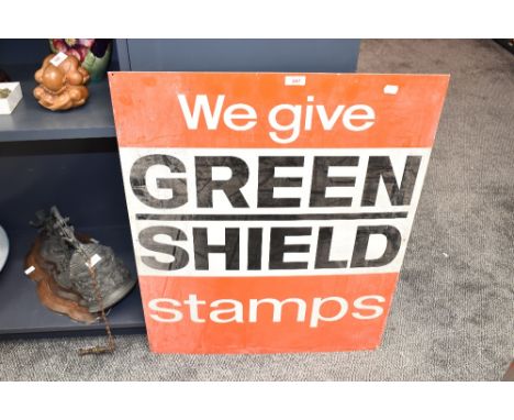 A vintage style printed aluminium advertising sign for Green Shield Stamps 76cm x 61cm overall.