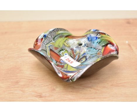 An attractive mid-century Murano multicolor glass trinket bowl, hand blown having a ruffled edge, w13cm