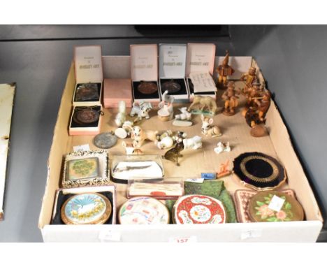 A group of Wade whimsies, to include a dog, elephant and horse, (13) sold together with cookery medals, mother of pearl tie c