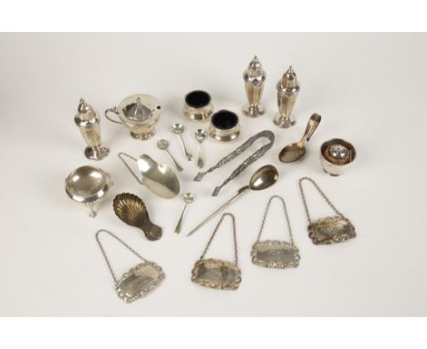 FOUR WINE LABELS, a quantity of condiments, a caddy spoon, a pair of cast sugar tongs and other items, mixed makers and dates