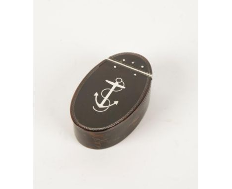 A TORTOISESHELL SNUFF BOX of oval form, the hinged lid inlaid with a white metal anchor, 19th century, 6cm wide. See illustra