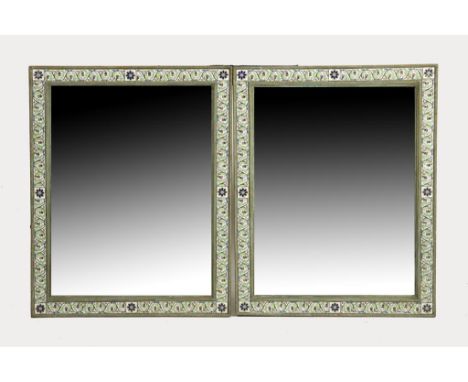 A PAIR OF INDIAN STYLE CLOISONNÉ ENAMEL FRAMED WALL MIRRORS, the rectangular plates within narrow borders with scrolling foli