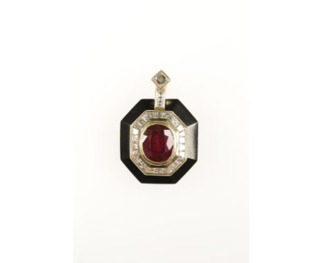 A RUBY, DIAMOND AND ONYX PENDANT, the oval-cut collet-set ruby c.5.75cts with a border of princess-cut diamonds and outer bor