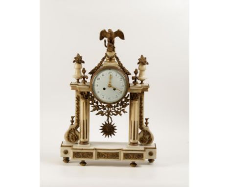 A 19TH CENTURY FRENCH WHITE MARBLE AND GILT METAL MANTEL CLOCK, the convex dial with arabic numerals and gilt hands, with a t