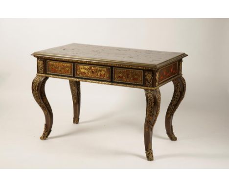 A BOULE-WORK BRASS AND TORTOISESHELL DESK, the rectangular top decorated with an elaborate scene of a female musician playing