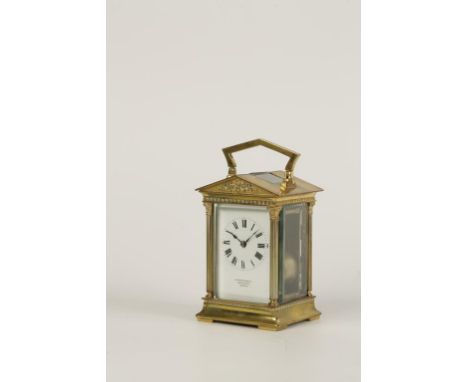 A FRENCH BRASS CASED STRIKING CARRIAGE CLOCK, the white enamel dial with Roman numerals, inscribed "Mappin & Webb Ltd, 220 Re