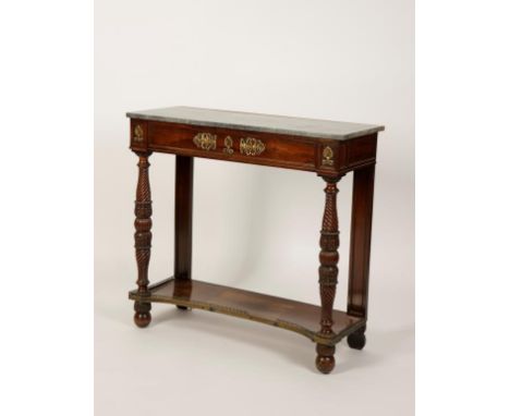 A GEORGE IV ROSEWOOD CONSOLE TABLE with a rectangular grey marble top, fitted with a panelled frieze drawer set with gilt met