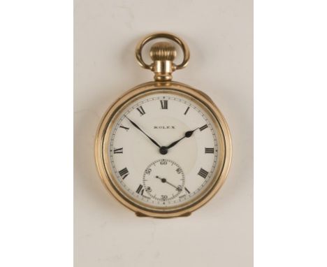 ROLEX: A GENTLEMANS YELLOW GOLD PLATED OPEN FACED POCKET WATCH, the white enamel dial with Roman numerals and subsidiary seco