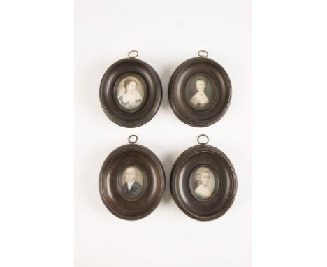 A FAMILY GROUP OF PAINTED PORTRAIT MINIATURES, 19th century, depicting three ladies and a gentleman dressed in period costume
