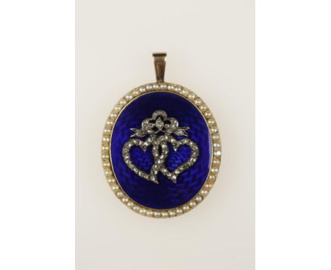 A DIAMOND, SEED PEARL AND GUILLOCHE ENAMELLED PENDANT, the dark blue guilloche enamel decorated with entwined diamond hearts,