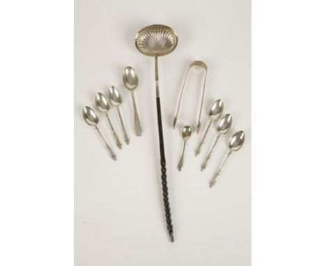 A SET OF SIX APOSTLE TEASPOONS, Sheffield 1908, and a toddy ladle with twisted baleen handle, a pair of George III sugar tong