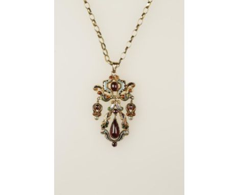 AN "ITALIAN" ENAMEL AND GEMSTONE PENDANT, the open-work enamelled frame with cabochon gemstone drops, attached to a 9ct yello