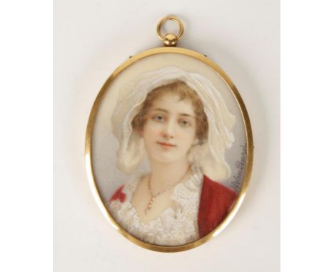 ENGLISH SCHOOL, 19th century An oval painted portrait miniature of a lady, wearing a white bonnet and a red velvet jacket wit