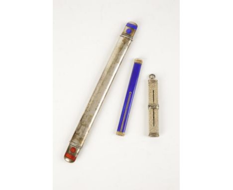 A SHAGREEN PROPELLING PENCIL HOLDER with silver mounts, a Continental silver and enamel pencil holder set with blue and red e