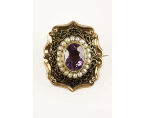 A 19TH CENTURY BLACK ENAMEL, AMETHYST AND SEED PEARL MOURNING BROOCH, the central oval-cut amethyst surrounded by a border of