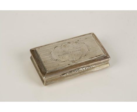 A VICTORIAN SNUFF BOX of rectangular form with engine-turned decoration, the cover presentation inscribed, with a gilt interi
