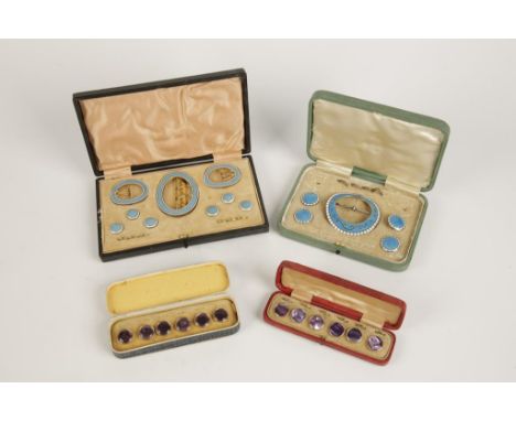 A CASED SET OF BLUE AND WHITE GUILLOCHE ENAMEL BUTTONS with a matching buckle, the buckle by Levi & Saloman, Birmingham 1910,