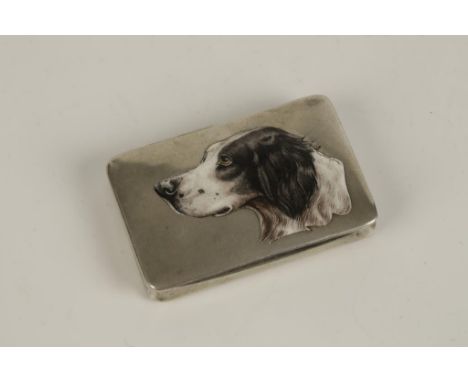 A CONTINENTAL SILVER AND ENAMELLED SNUFF BOX of rectangular form, the cover decorated with a spaniels head in profile, with g