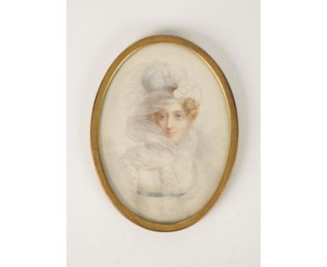 CIRCLE OF JEAN BAPTISTE ISABEY (1767-1855) An oval painted portrait miniature of Lady Isabey, wearing a white frilled dress a