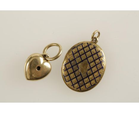 A GOLD AND ENAMEL LOCKET of heart-shape, decorated with a single diamond and another locket (2)