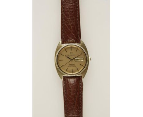 OMEGA: A GENTLEMANS STEEL AND GOLD FILLED WRISTWATCH, the gilt dial with raised baton numerals and date aperture, inscribed "