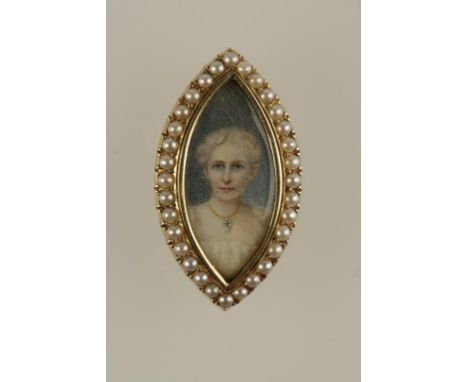 A PORTRAIT BROOCH of lozenge form, the hand-painted portrait of a lady, head and shoulders, surrounded by a border of seed pe