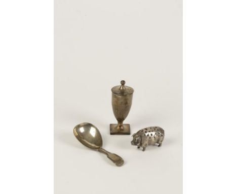 A NOVELTY PIG PIN CUSHION, Birmingham 1918, a pepper pot and a caddy spoon (3)