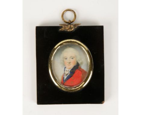 ENGLISH SCHOOL, 19th century A painted portrait miniature of a gentleman wearing a red double breasted coat with gilt buttons