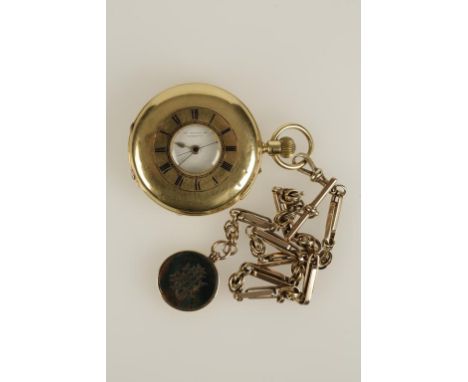 A GENTLEMANS 18CT YELLOW GOLD HALF HUNTING CASED POCKET WATCH, the white enamelled sunken dial with Roman numerals, outer Ara