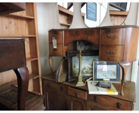 A queen Anne style walnut kidney shaped dressing table, with a triple plate mirror back, W.122cm, together with a birch dress