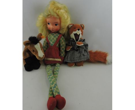 A Steiff Kleiner Floppy, excellent condition and button in ear, together with an unusual tall (72cm) blonde doll wearing red 