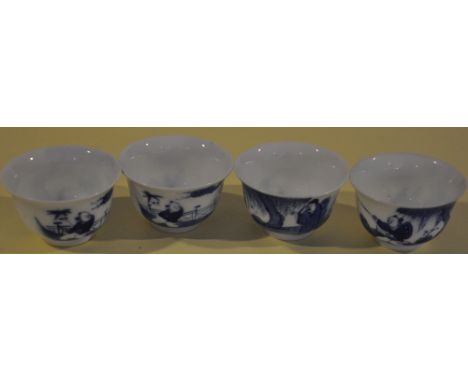 A set of 4 Chinese blue and white porcelain tea bowls decorated with children playing, H:3.5cm bearing 4 character marks