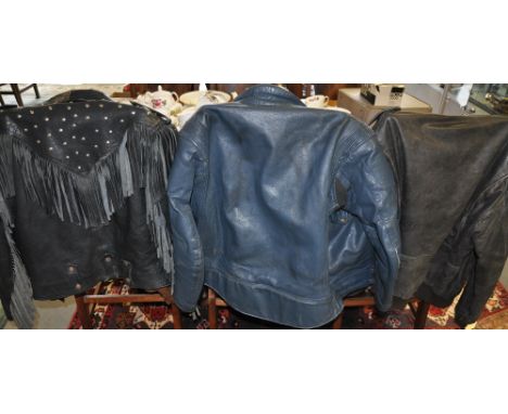 A gentleman's vintage blue leather motorcycle jacket, a black tasseled motorcycle jacket together with 2 brown leather jacket